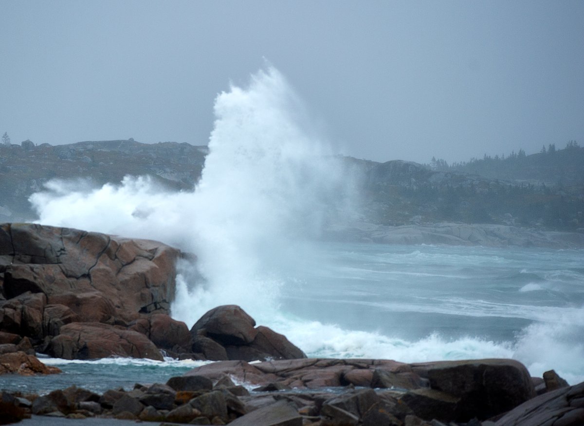 Waves pound the shore in Peggy's Cove, N.S., on Tuesday, Sept. 22, 2020.