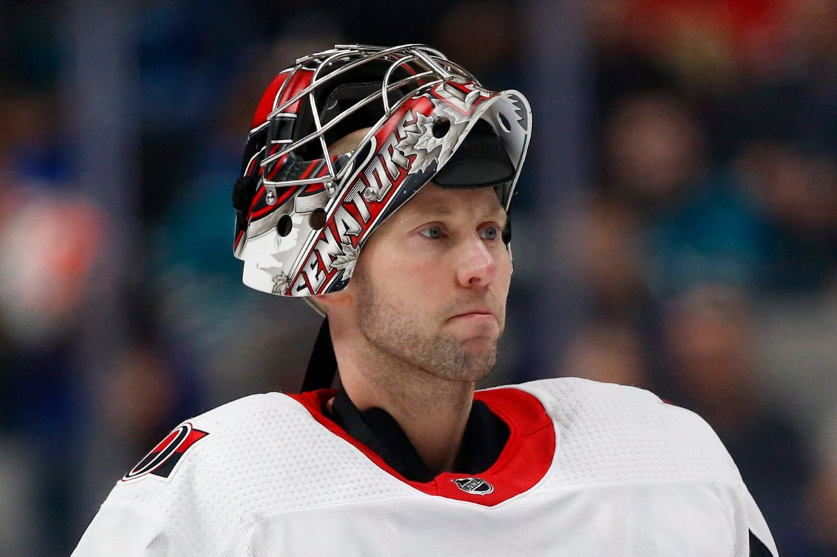Ottawa Senators goaltender Craig Anderson awaits resumption of play against the San Jose Sharks during the second period of an NHL hockey game in San Jose, Calif., Saturday, March 7, 2020. Ottawa general manager Pierre Dorion says longtime Senators goaltender Anderson will not be offered a new contract by the NHL club. 