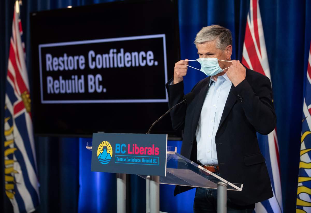 Liberal Leader Andrew Wilkinson removes his face mask before speaking during a campaign stop in Vancouver, on Saturday, September 26, 2020. A provincial election will be held in British Columbia on October 24. THE CANADIAN PRESS/Darryl Dyck.