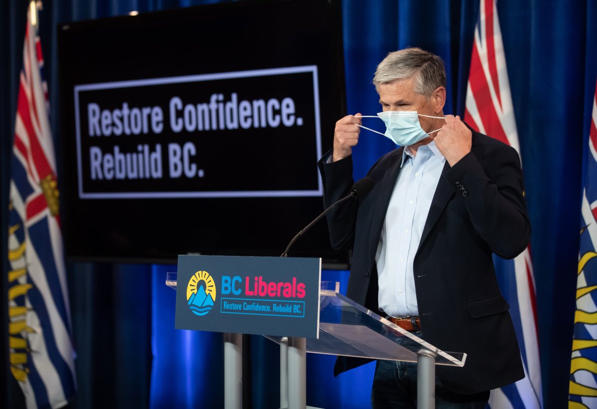 Liberal Leader Andrew Wilkinson removes his face mask before speaking during a campaign stop in Vancouver, on Saturday, September 26, 2020. A provincial election will be held in British Columbia on October 24. THE CANADIAN PRESS/Darryl Dyck.