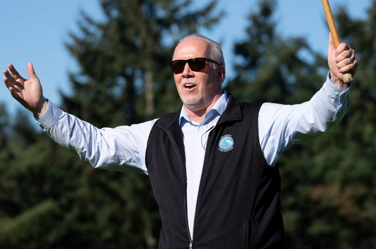 NDP Leader John Horgan reacts to a shot as he plays lacrosse as he meets the local candidate during an election campaign stop in Coquitlam, B.C. Tuesday, September 29, 2020.  THE CANADIAN PRESS/Jonathan Hayward.