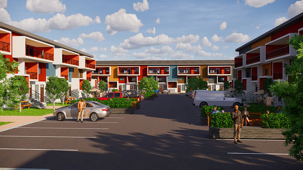A rending of the affordable housing project proposed for Saskatoon’s far east end.