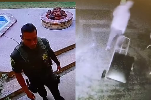 These images from surveillance footage show a deputy, left, suspected of burglarizing a home in Yorba Linda, Calif., in July and August 2020.