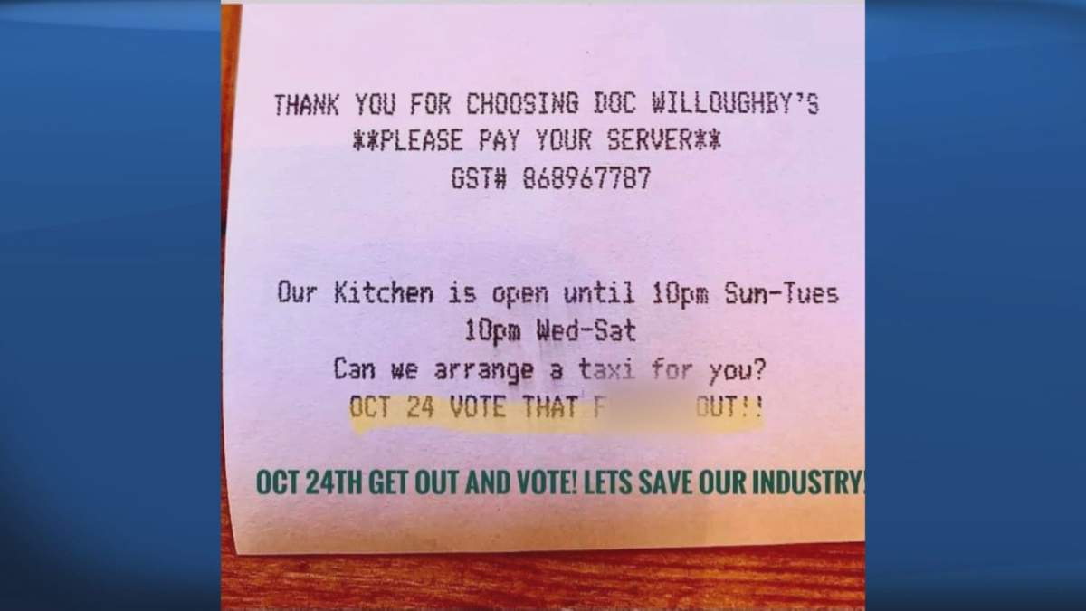 A Kelowna, B.C., pub owner made  a strong political statement on receipts at his establishment ahead of the fall provincial election. 
