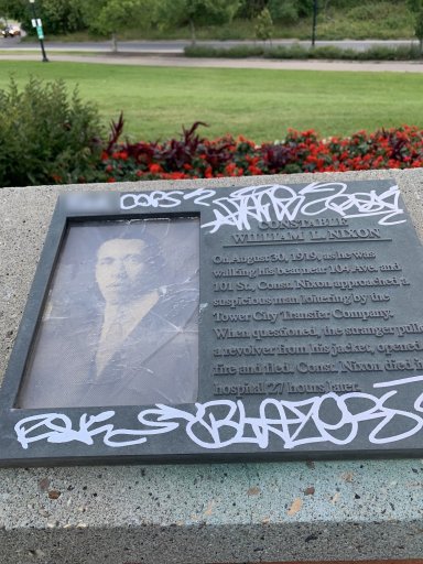 A plaque dedicated to fallen EPS Const. William Nixon was covered in graffiti Friday, Sept. 4, 2020.