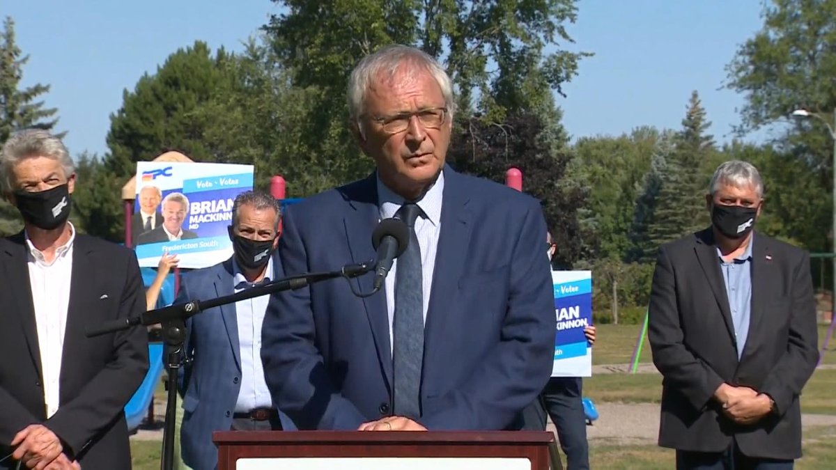 New Brunswick PC Leader and incumbent premier Blaine Higgs answers questions from the media on Sept. 4, 2020. 