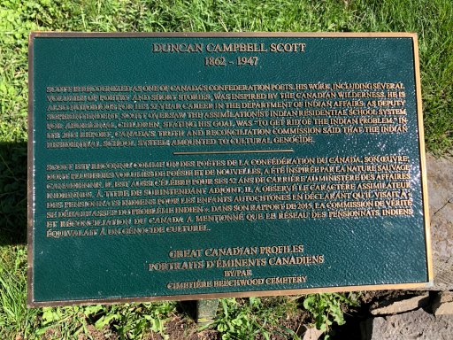 The new plaque next to Duncan Campbell Scott’s grave includes his role in orchestrating the residential school system, which the 2015 report from the Truth and Reconciliation Commission called “cultural genocide” against Canada’s Indigenous people.