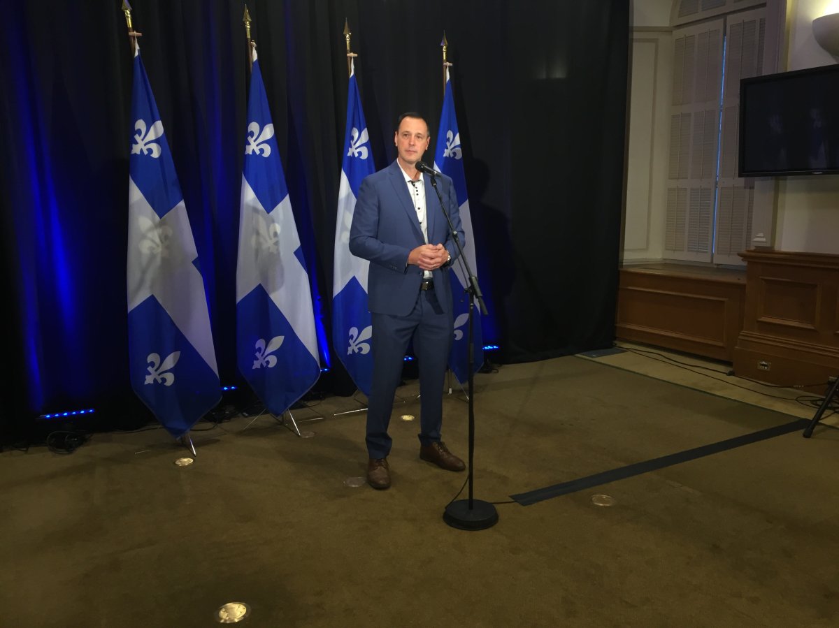 Quebec Education Minister Jean-François Roberge speaks to the press on September 11, 2020. Roberge announced prior to entering the CAQ's pre-session caucus meeting that interscholastic sports will be permitted in the province's grade schools as of September 14.