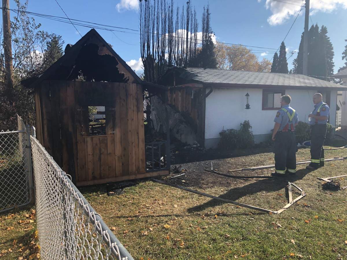 The backyard shed of a house on Cabot Crescent in St. Vital, after a brief fire on Sunday morning.