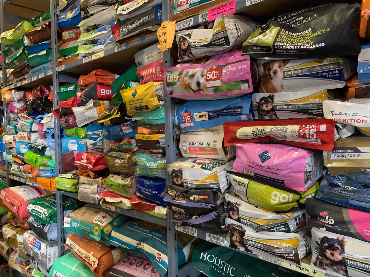 A shelf of pet food at the current location of A Pet's Pantry Society on Sept. 17, 2020.
