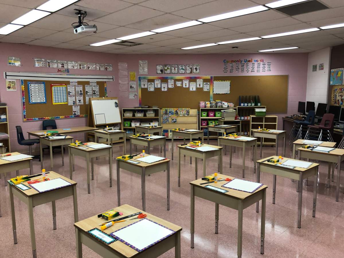 Desks sit spaced apart inside this Grade 2/3 classroom at Bonaventure Meadows.