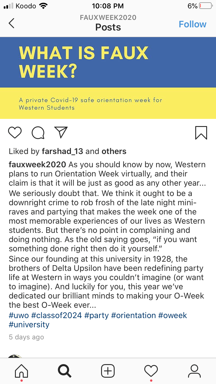 A screenshot of a post published by the Fauxweek2020 Instagram account prior to the account’s deletion on Wednesday.