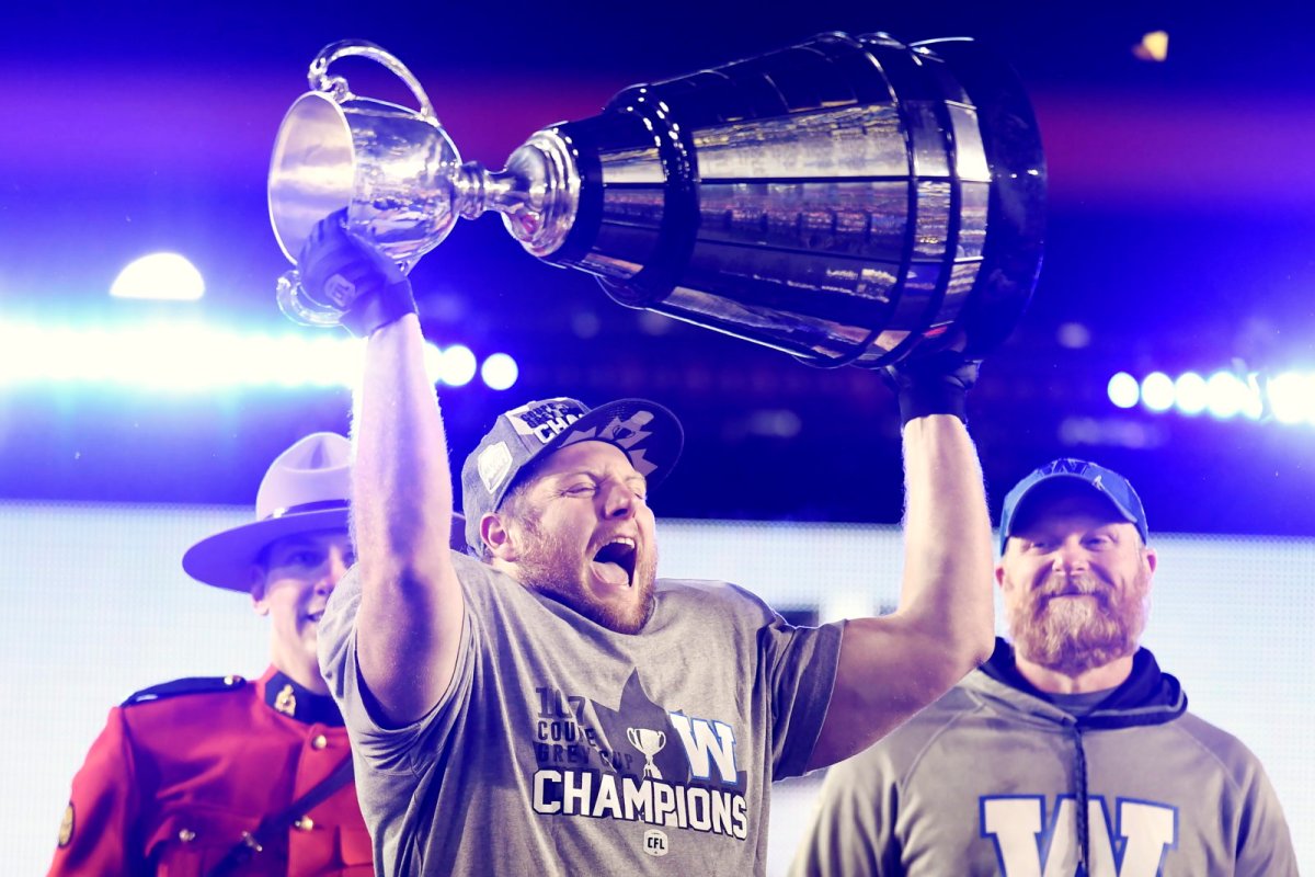 Jake Thomas celebrates Winnipeg Blue Bombers 33-12 win over Hamilton in the 2019 Grey Cup. 