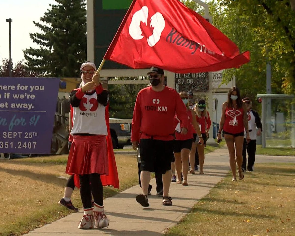 Kidney Marchers walk in Calgary on Saturday, Sept. 12, 2020.