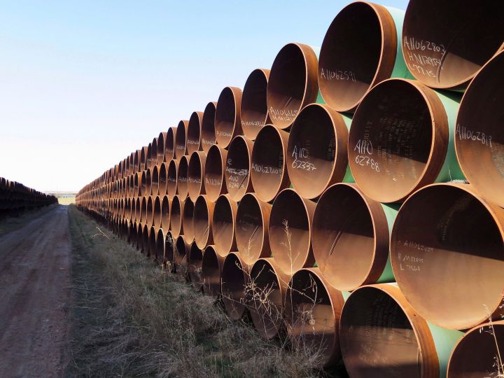 Pipes intended for construction of the Keystone XL pipeline are shown in Gascoyne, N.D. on Wednesday April 22, 2015.