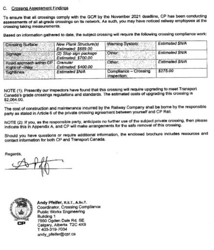 A letter received by a landowner near Shoal Lake, Man. detailing a list of upgrades the railway company says they’re financially liable for.