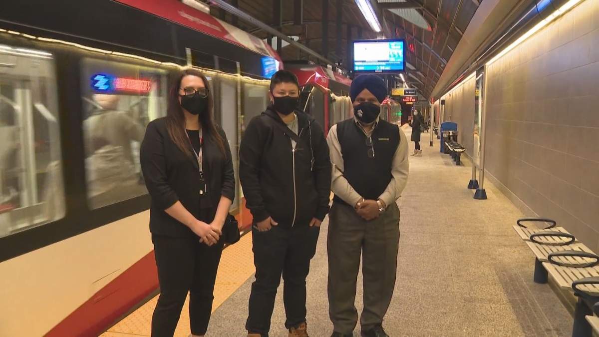 Call centre representative Brooke Richmond (left) and train operator Gurmej Singh Cheema (right) reunited Shayla Kuefler with her bag on Tuesday, Sept. 15, 2020.