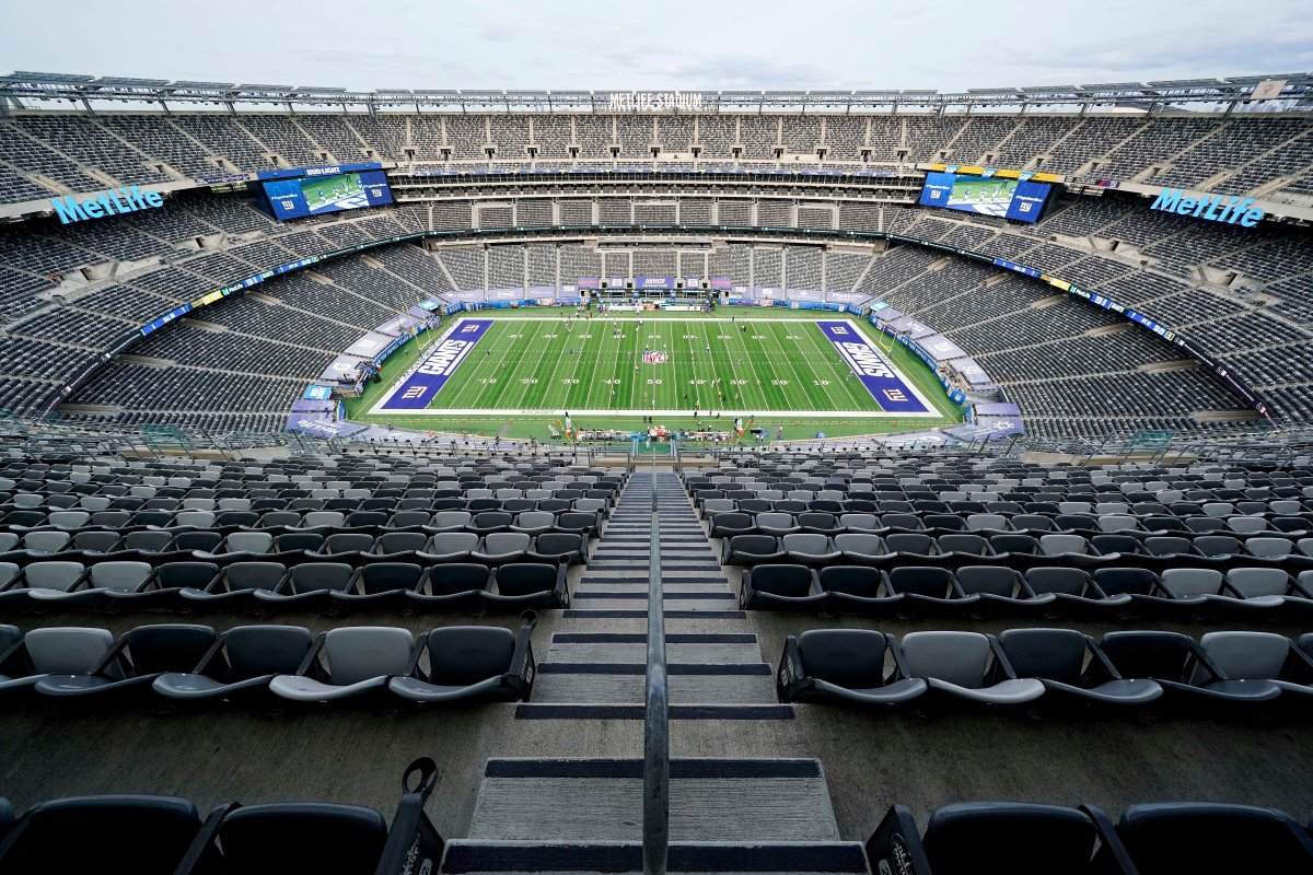 Seats sit void of fans before an NFL football game between the New York Giants and the Pittsburgh Steelers, Monday, Sept. 14, 2020, in East Rutherford, N.J.