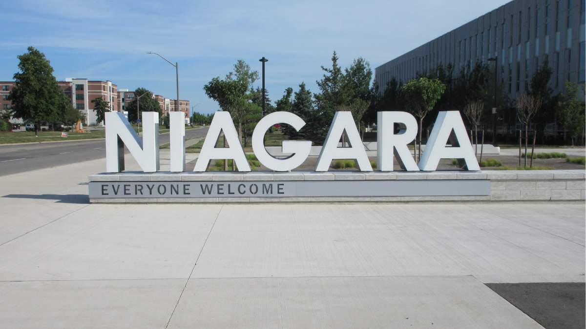 A photo of Niagara's 'welcome everyone' sign out front of the region's council offices on Sir Isaac Brock Way in Thorold, Ontario.