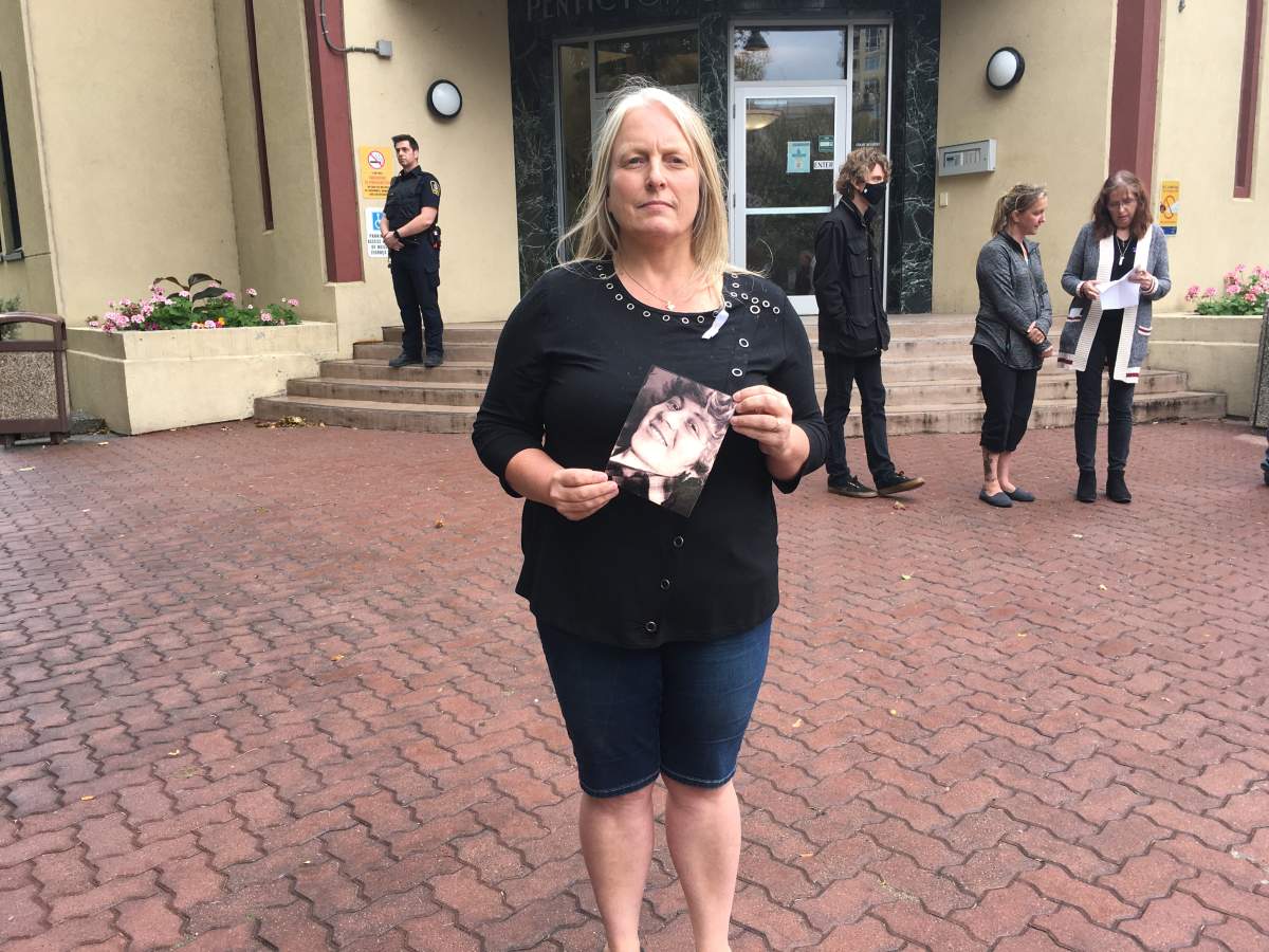 Lorrie Blackmore at Wednesday’s sentencing in Penticton for Kiera Bourque, who was sentenced to one year in jail after pleading guilty earlier to manslaughter in the death of 17-year-old Devon Blackmore.