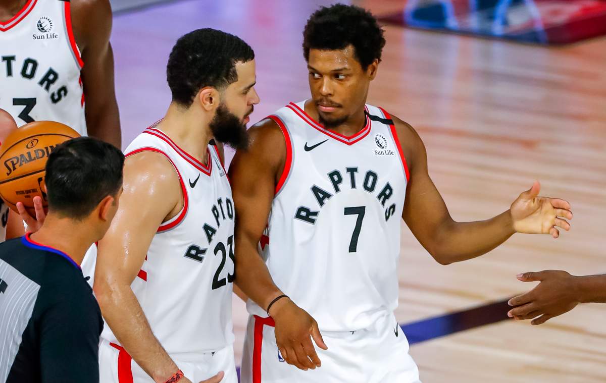 Toronto Raptors guard Kyle Lowry (R) and guard Fred VanVleet (L) during their NBA Eastern Conference semifinal playoff game against the Boston Celtics on September 1, 2020.