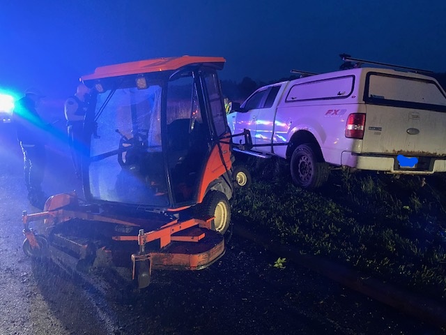 An industrial lawn mower collided with a pickup truck early Thursday morning on the Sir George-Étienne Cartier Parkway, paramedics say.