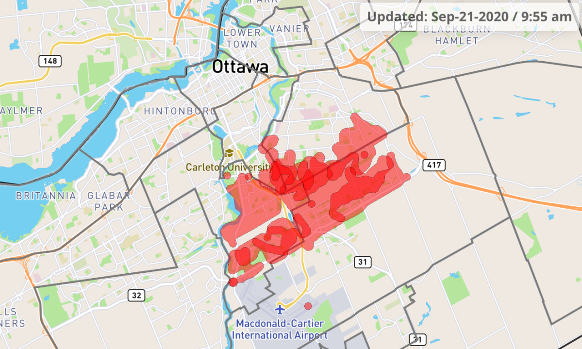 A screengrab of Hydro Ottawa's outage map showing more than 12,000 people were without power before 10 a.m. on Monday, Sept. 21, 2020.