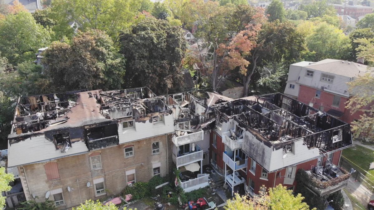 Aerial shot of fire damage at TVM Mansions in Peterborough, Ont.