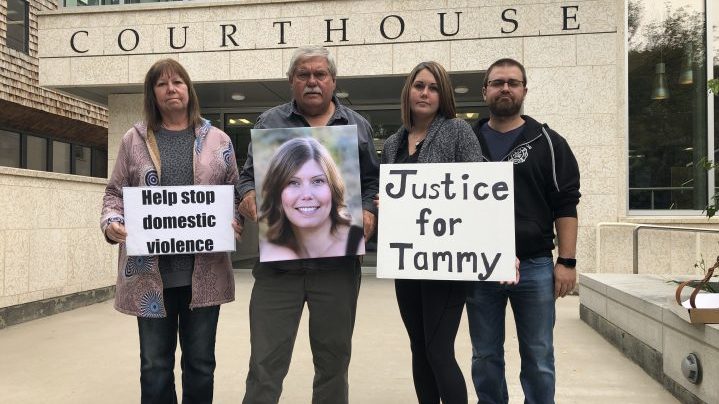 Tammy Brown’s family members stand outside Saskatoon’s Court of Queen’s Bench.