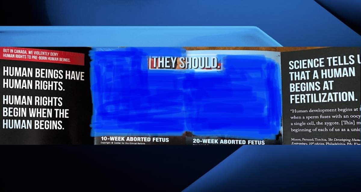 A photo edited to cover disturbing images on a flyer sent to addresses in London, Ont.