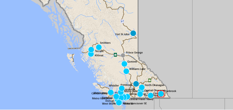 B.C.’s Air Quality Data Map shows blue circles across the southern half of B.C. on Monday, which indicates a low health risk.