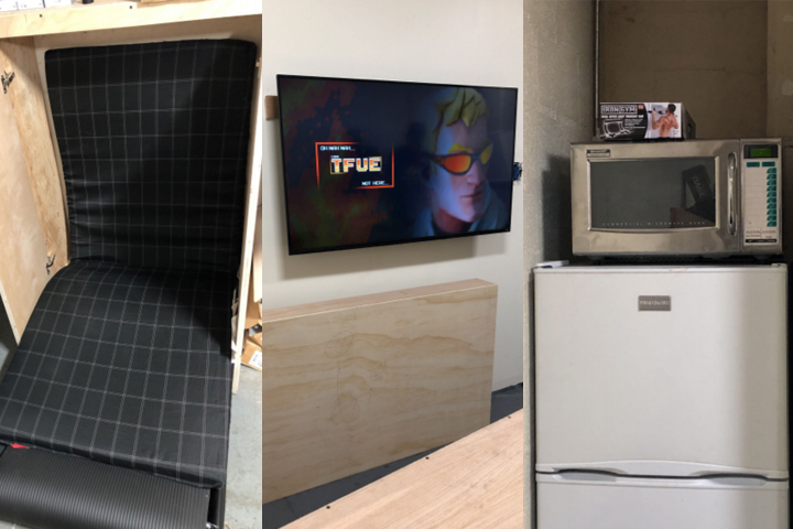This composite photo shows a hidden cot, a wall-mounted TV and a fridge and microwave concealed inside a secret breakroom under Grand Central Terminal in New York City on Aug. 8, 2019.