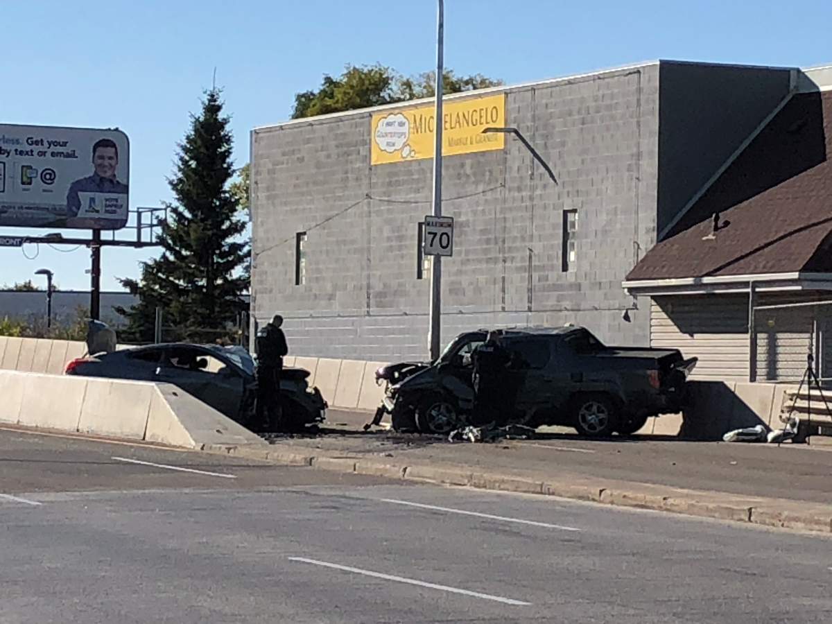 Saskatoon police have blocked off the southbound bridge lanes so their teams can investigate a crash between an SUV and car that took place Sunday morning.