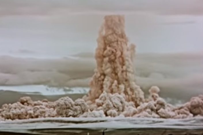 A column of smoke and dust is shown during the Tsar Bomba test detonation in northern USSR on Oct. 30, 1961.