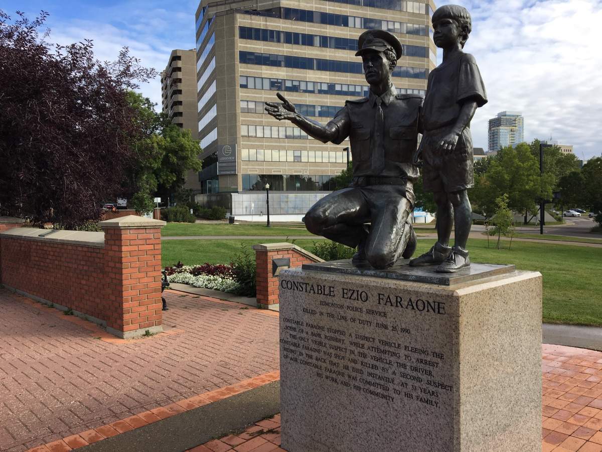 Vandalism on a statue in Constable Ezio Faraone Park was cleaned up later Friday, Sept. 4, 2020.
