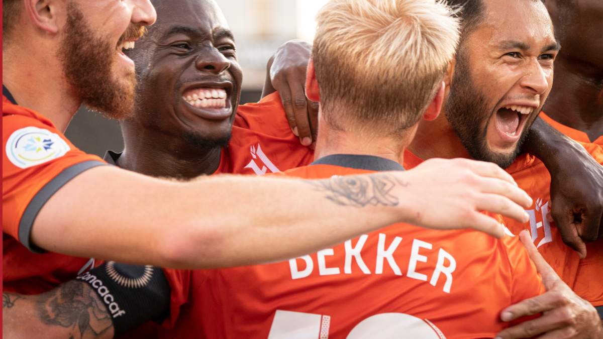 Hamilton's Forge FC celebrate a game-winning goal during a Scotiabank CONCACAF League soccer match against Antigua Guatemala FC, in Hamilton, Ont., Thursday, Aug. 1, 2019. 