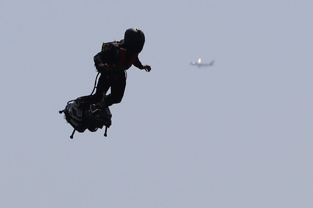 In this file photo, French pilot Franky Zapata flies his Flyboard jetpack during the 2018 Red Bull Air Race World Championship on April 21, 2018 in Cannes.