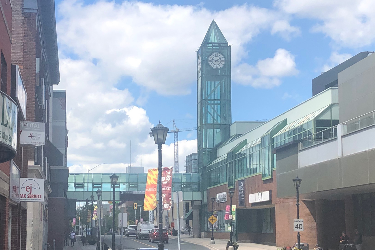 A view of the glass clocktower in downtown Kitchener.