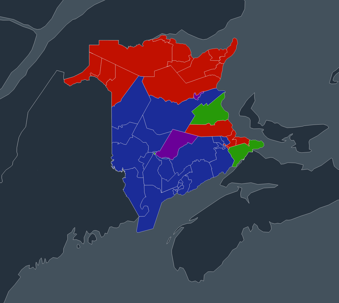 The New Brunswick electoral map shows that northern, traditionally Acadian ridings vote red.