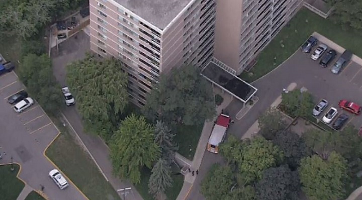 Scene of a fire in North York on Friday where a man is dead after falling from a balcony.