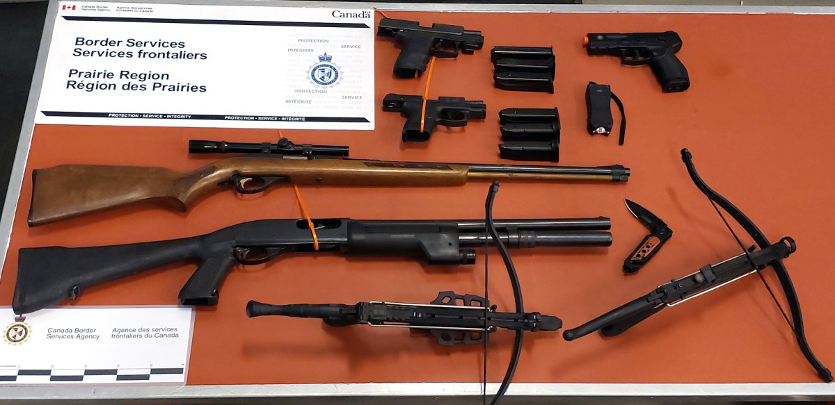 Canada Border Services Agency  (CBSA) officers seized 23 prohibited or restricted weapons (some are pictured here) and 29 pieces of related equipment at the North Portal, Sask. crossing this summer.  