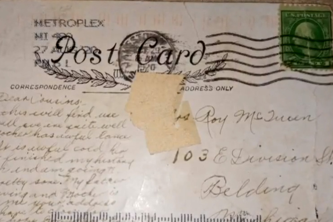 A postcard stamped in 1920 and delivered in 2020 is shown in this image provided by Brittany Keech.