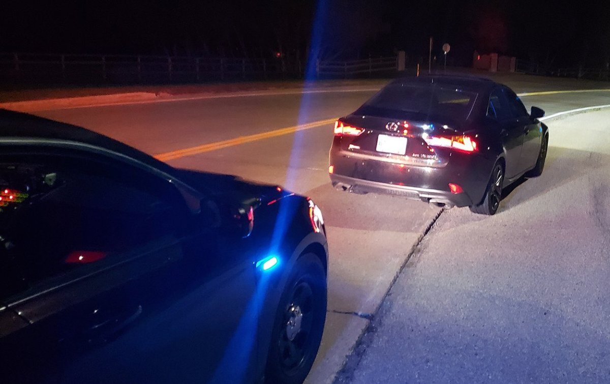 A driver is pulled over by Manitoba RCMP.