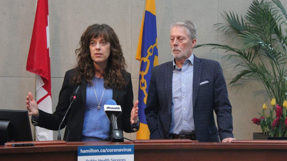 Hamilton's medical officer of health Dr. Elizabeth Richardson and mayor Fred Eisenberger during a COVID-19 update at city hall on March 13, 2020.