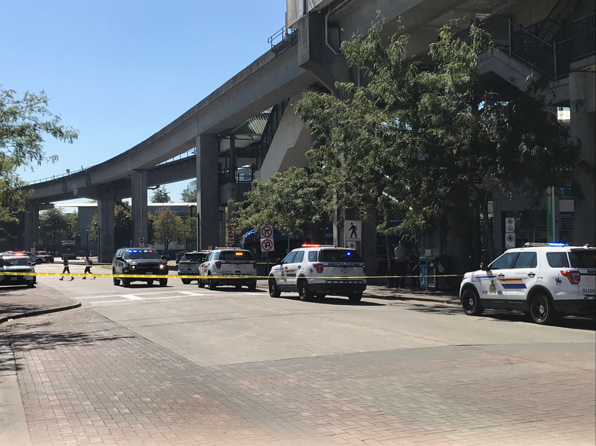 Police investigate an alleged assault with a weapon at the Surrey Central SkyTrain station on Wednesday, Sept. 9, 2020. 