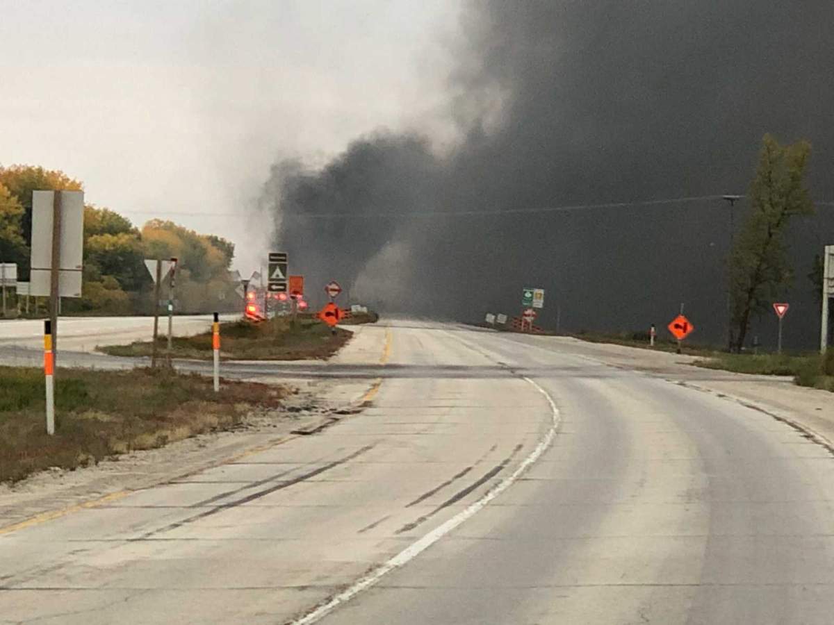 A semi burns on the highway near Headingley, Man. 