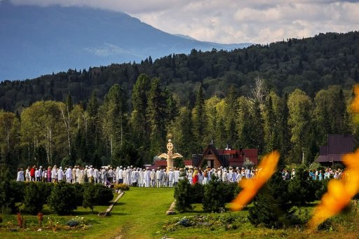 Members of the Church of the Last Testament are shown at their commune in Siberia on Sept. 9, 2020.