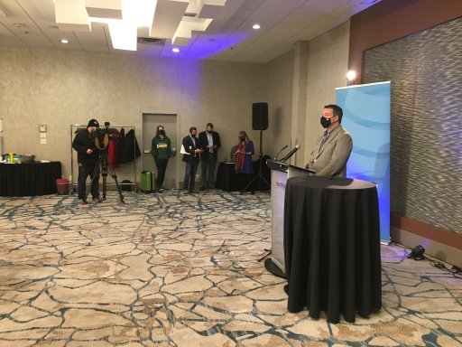 Representatives with Alberta Federation of Labour, United Nurses of Alberta, Health Sciences Association of Alberta, Canadian Union of Public Employees Alberta and U of A Non-Academic Staff Association launch a protest website against the UCP government on Oct. 28, 2020.