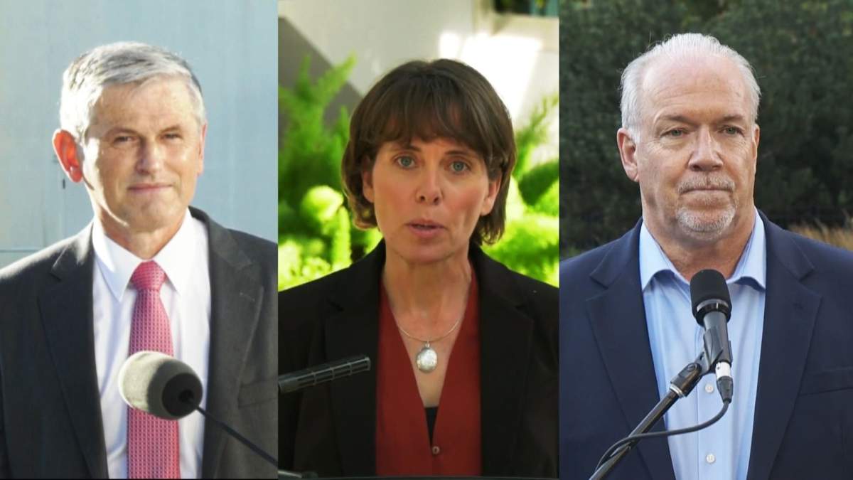 NDP Leader John Horgan, Liberal Leader Andrew Wilkinson and Green Party Leader Sonia Furstenau.
