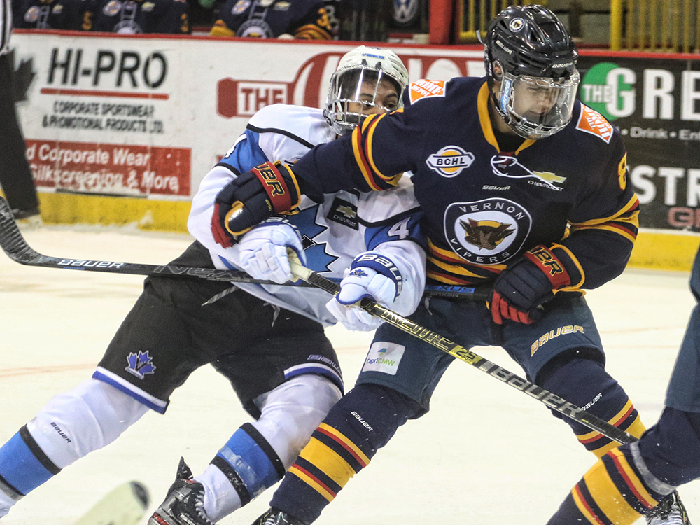The Vernon Vipers, seen here earlier action against the Penticton Vees, scored a 4-1 victory over Salmon Arm Silverbacks in BCHL pre-season action on Friday night.